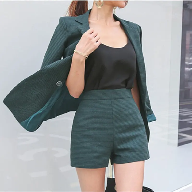 Autumn Slim Tracksuit Short Suits Double Breasted Plaid Blazer& Hot Shorts Women Pant Suits Female 2 Pieces Set - Цвет: green