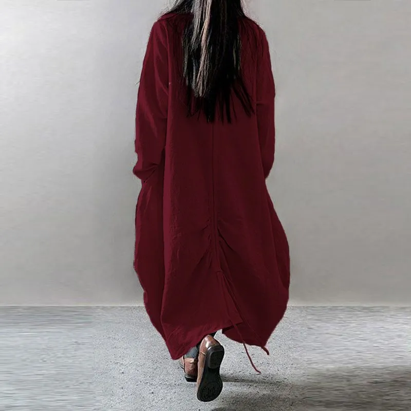 ZANZEA, женское асимметричное платье, винтажное, льняное, длинное, Vestidos, женское, с круглым вырезом, с длинным рукавом, на пуговицах, одноцветное, мешковатое платье размера плюс