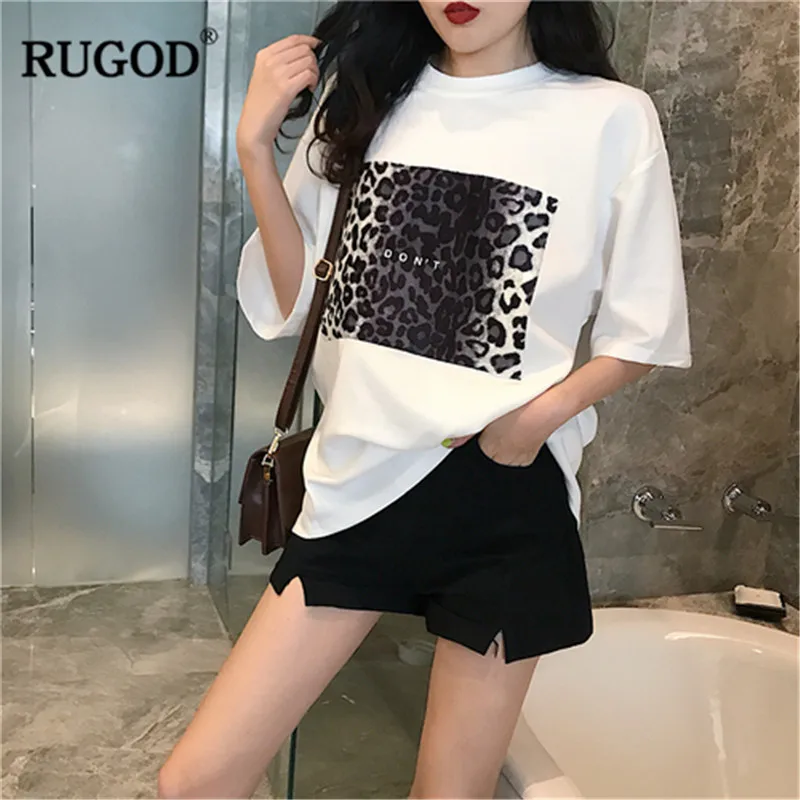 Женская футболка с леопардовым принтом RUGOD свободная круглым вырезом и коротким