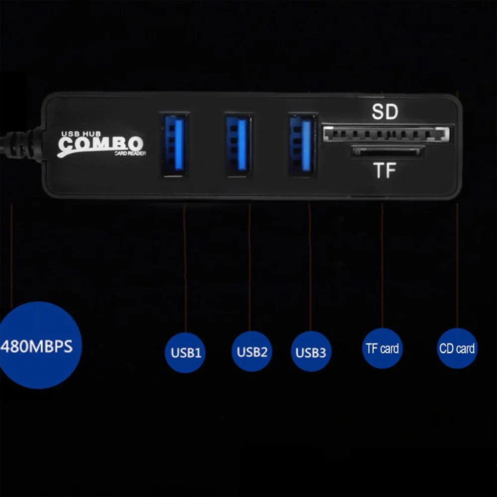 1 шт. черный 3 порта USB 2 0 концентратор сплиттер комбо Тип C кабель OTG SD/TF кардридер