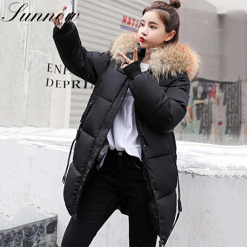 SUNNOW зимние парки с капюшоном Для женщин теплый меховой воротник утепленная