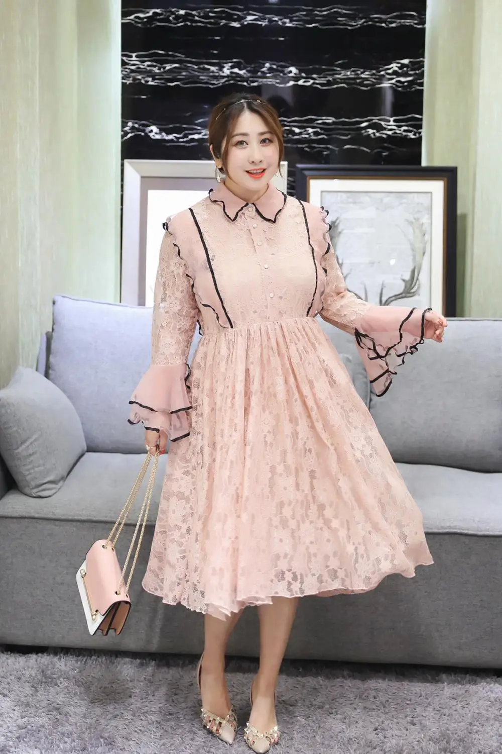 MINSUNDA Plus Size Button Up Layer Ruffle Cuff Lace Elegant Dress Women Lapel Long Sleeve Party Office Ladies A Line | Женская одежда