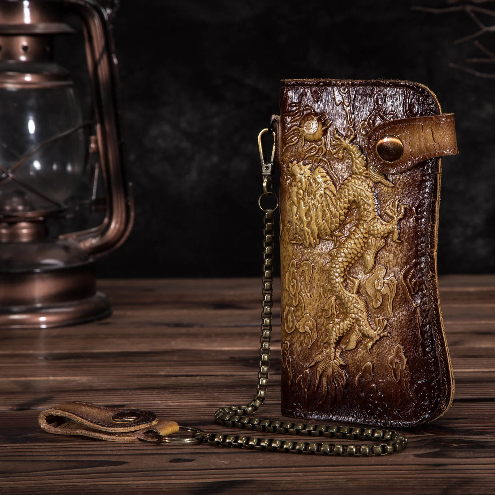 Модный мужской кошелек из натуральной кожи Dargon Tiger Emboss Checkbook с железной цепочкой