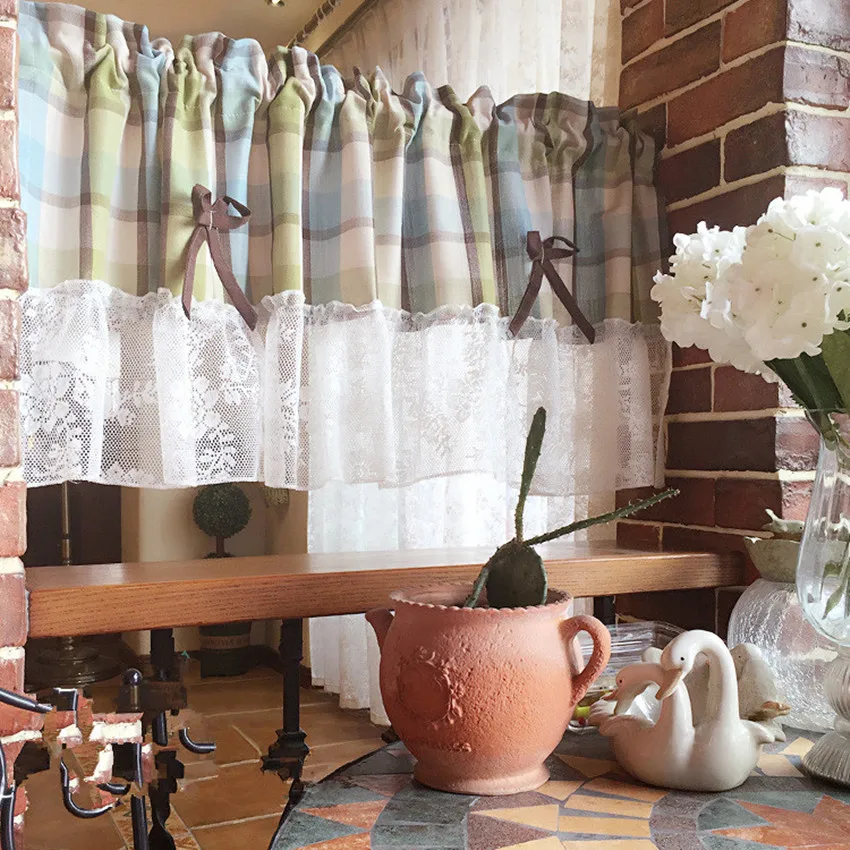 Занавеска в сельском пасторальном стиле зеленая и синяя клетчатая занавеска с