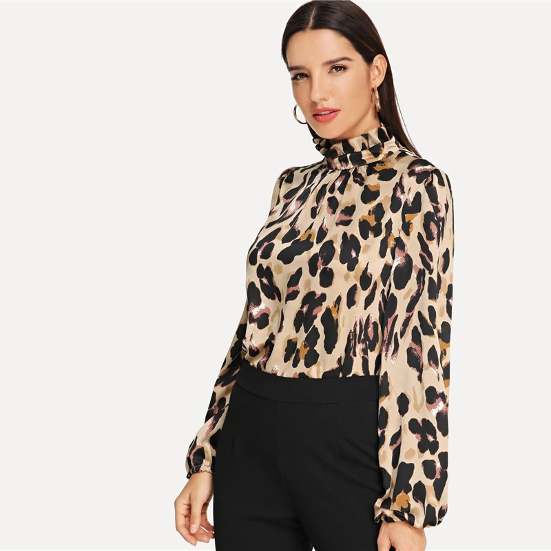 SHEIN Блузка С Леопардовым Принтом И Длинным Рукавом, Офисная Блуза С Принтом, Стильная Блузка С Воротником