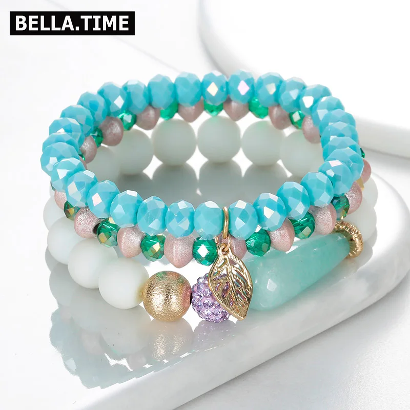 BELLA.TIME Jewelry Wholesale Trendy Copper Leaf Blue Pear Charm Bracelet White Stone Green Crystal Wood Beads Set | Украшения и