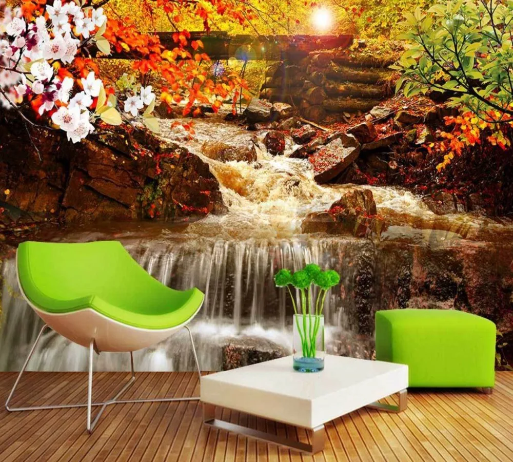 

Free Shipping Aesthete Mood Waterfall Scenery Oil Painting Entrance Wall Custom 3D Wallpaper Autumn Scenery Living Room Mural