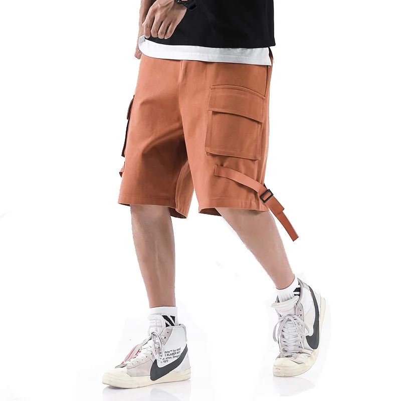 

Western Stylish Men Jogging Short Trousers Solid Ribbons Casual Workout Cargo Shorts Male Multi-pocket Hip Hop Harem Shorts