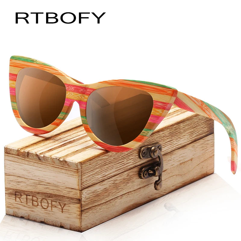 RTBOFY деревянные солнцезащитные очки для женщин цветная бамбуковая оправа кошачий