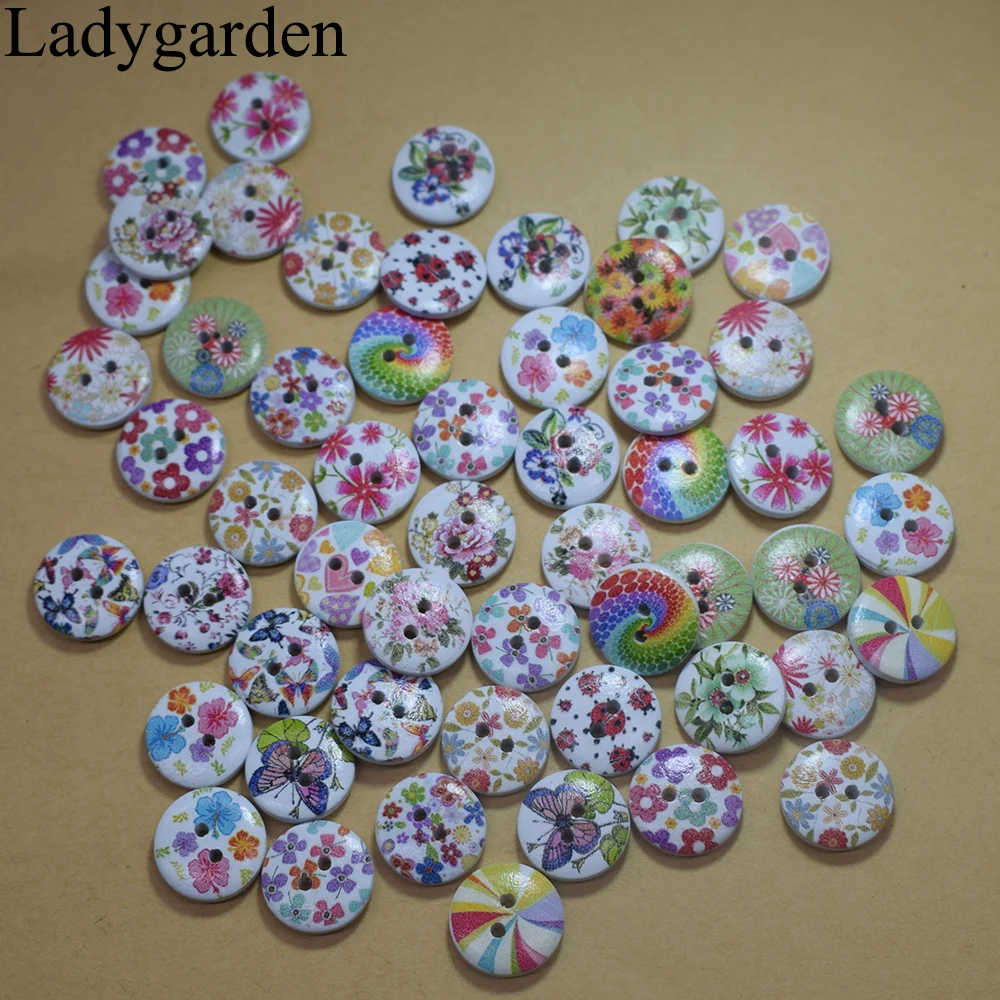 15mm 2 Eyes Printed Wood Colorful Round Wooden Buttons for Hat Shoes Clothes Diy Accessories Mixed Color 50PCS/Bag | Дом и сад