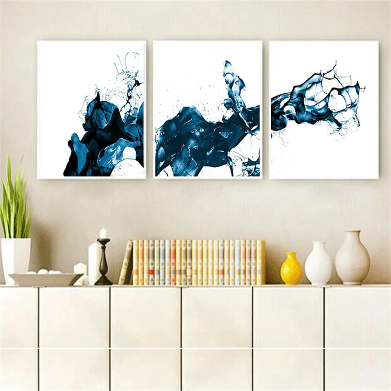 

YongHe Home Decorative Canvas Printings Blue Ink three-picture Combination Oil Paintings Art Works For Decorate Living Room