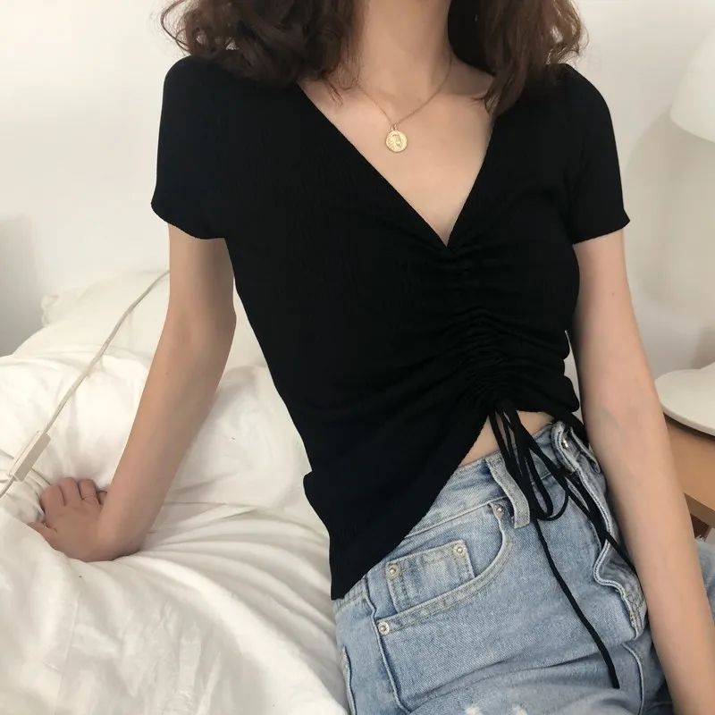 

New England and American style super fashion Sexy deep V-neck drawstring Short-sleeved T-shirt summer Top for women