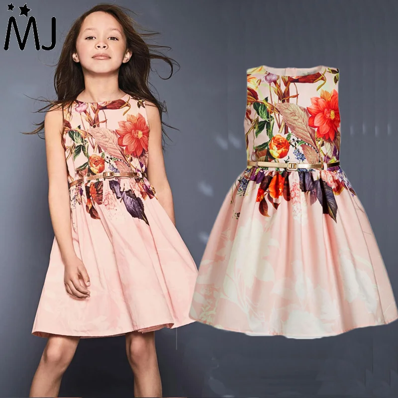 2019 New Arrivals Girls Dresses Brand Kids Belts 2pcs Printed Flowers Children's Apparel Sleeveless Vest Dress Fashion | Детская