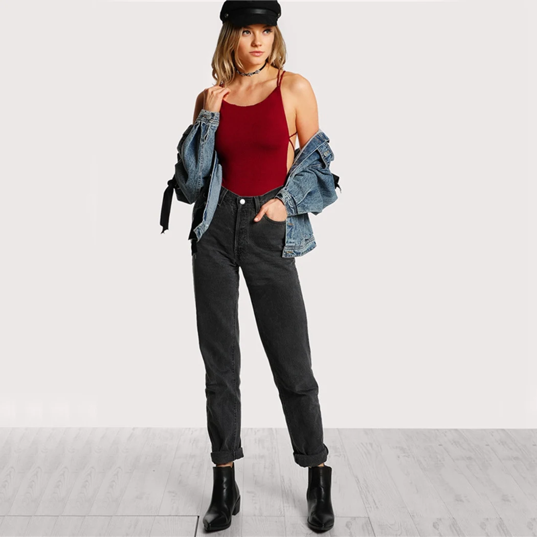 Сексуальная Женская безрукавка с низким вырезом на спине комбинезон бретелях