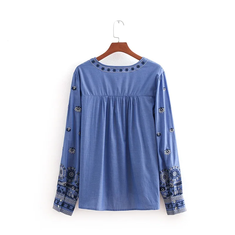 VOGUEIN New Womens Fashion Casual Embroidered Blue Long Sleeve Blouse Tops Shirt Wholesale | Женская одежда