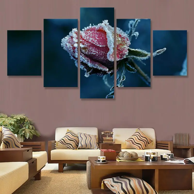 Картина на холсте природа Зимний цветок мороза красная роза крупным планом 5 штук