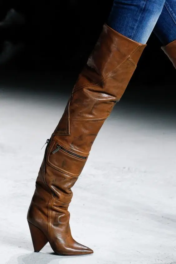 

Schoenen Vrouw Girls Shoes Pointed Toe Thigh High Boots Vintage Brown Leather Winter Shoes Women Long Knight Boots Chunky Heels