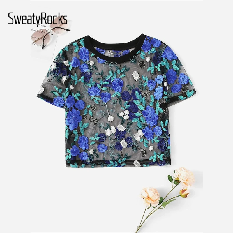 SweatyRocks, Цветочная вышивка, прозрачная сетчатая блузка, короткий рукав, модные сексуальные короткие топы, летние женские Гламурные блузки