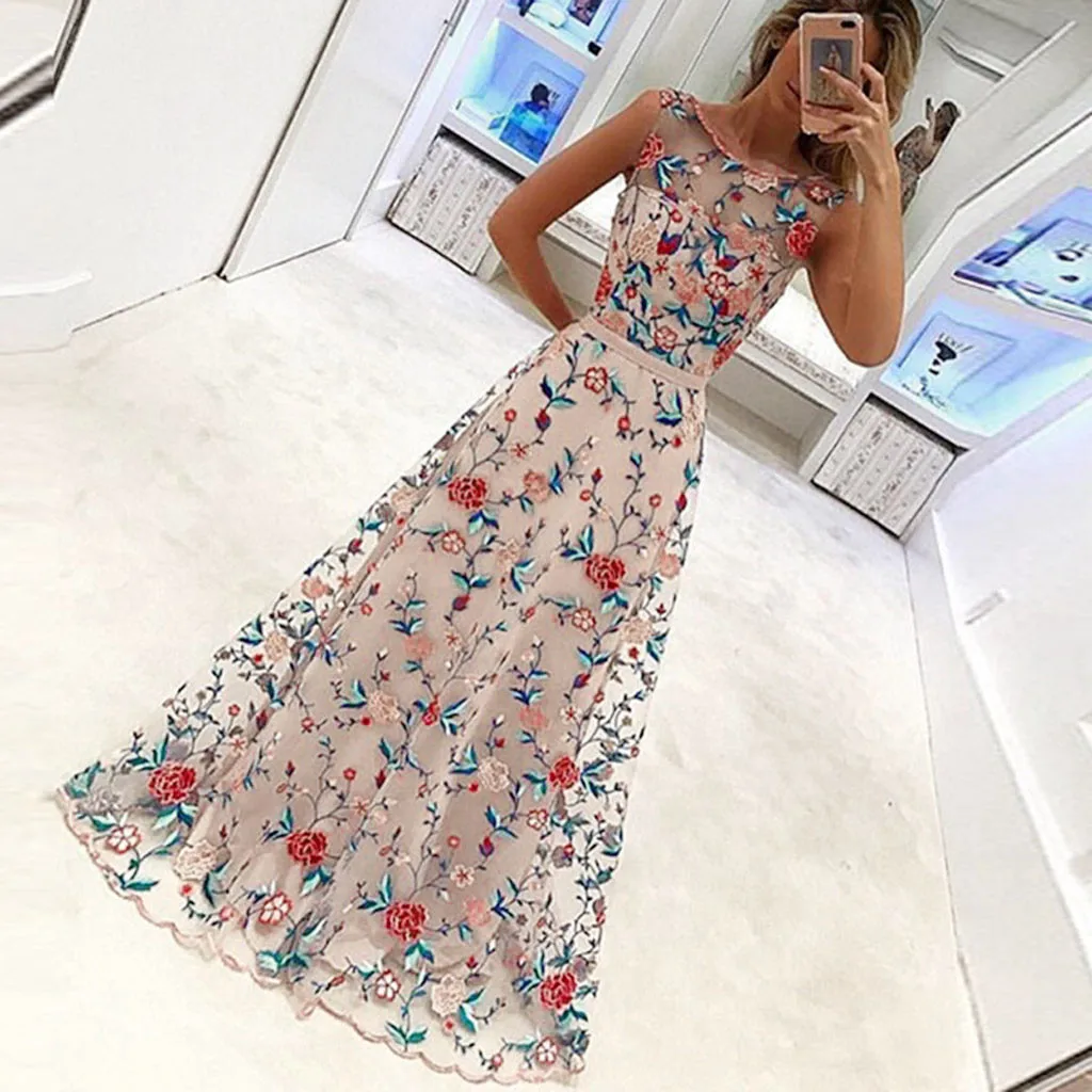 Womens Floral Embroidery Dress Summer 2019 Lace O-Neck Sleeveless Dresses Ladies Holiday Maxi Robe Femme | Женская одежда