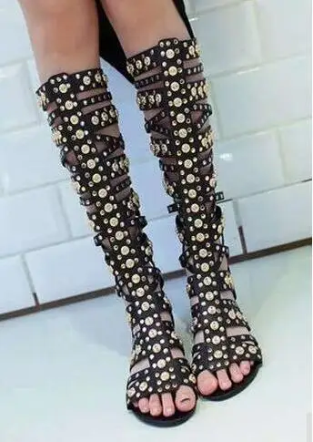 

Gold Studs Women Straps Cage Sandal Boots Sexy Open Toe Ladies Gladiator Boots Fashion Flat Boots Zipper Back Summer Boots