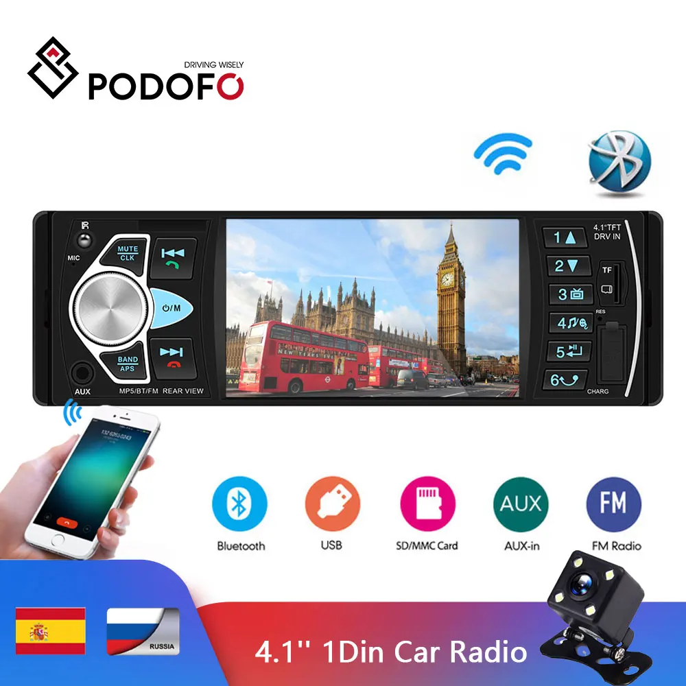 Podofo Авторадио 4 1 ''Автомагнитола 1Din аудио стерео FM Bluetooth рулевое колесо