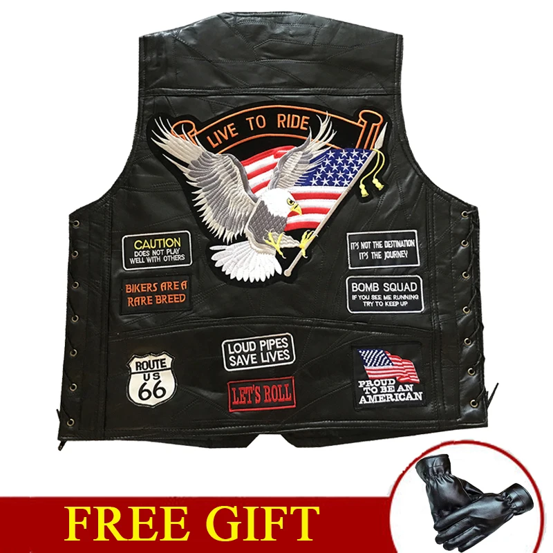 14 Patches Black Мотоциклетная куртка, Мужская Байкерская жилетка, кожаная жилетка, куртка для верховой езды в стиле панк, ретро, Jaqueta, повседневная куртка - Цвет: 14 Patches Black