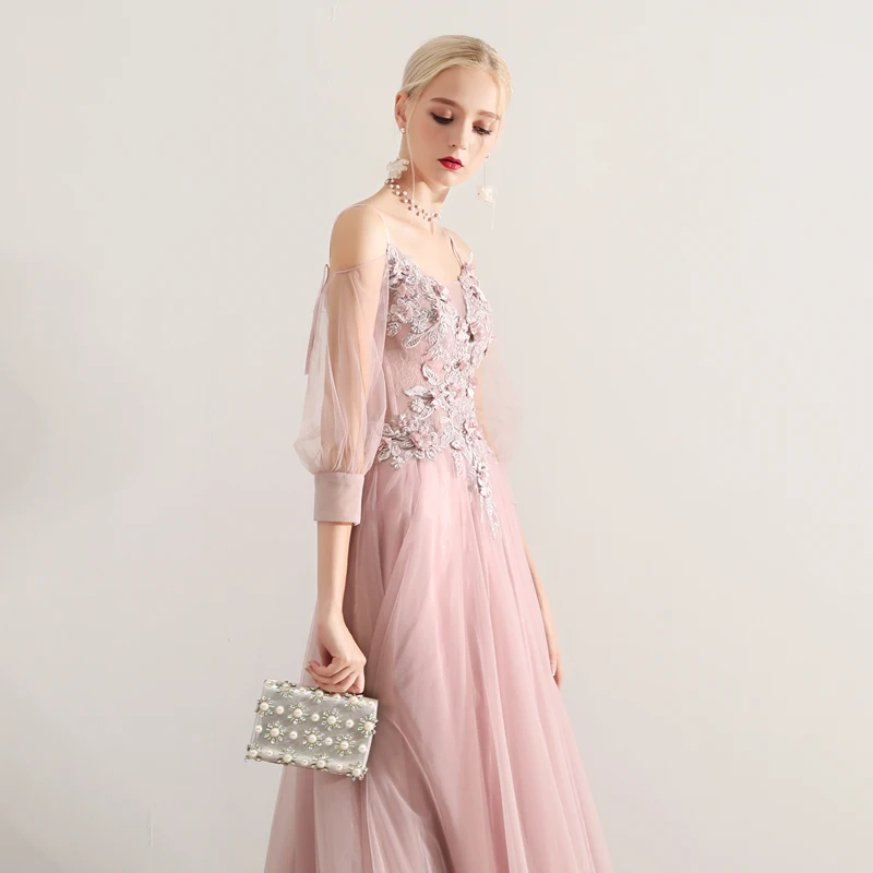 SSYFashion Новое Кружевное Вечернее Платье милое темно розовое 3/4 рукав длиной до пола