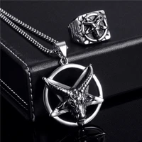 elfasio jewelry set ring penadnt necklace set pentagram baphomet goat devil shar symbol stainless steel chain vintage