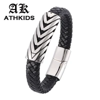 punk men jewelry charm braided leather bracelet stainless steel magnetic clasps bracelets bangles fashion male wrist band pd793