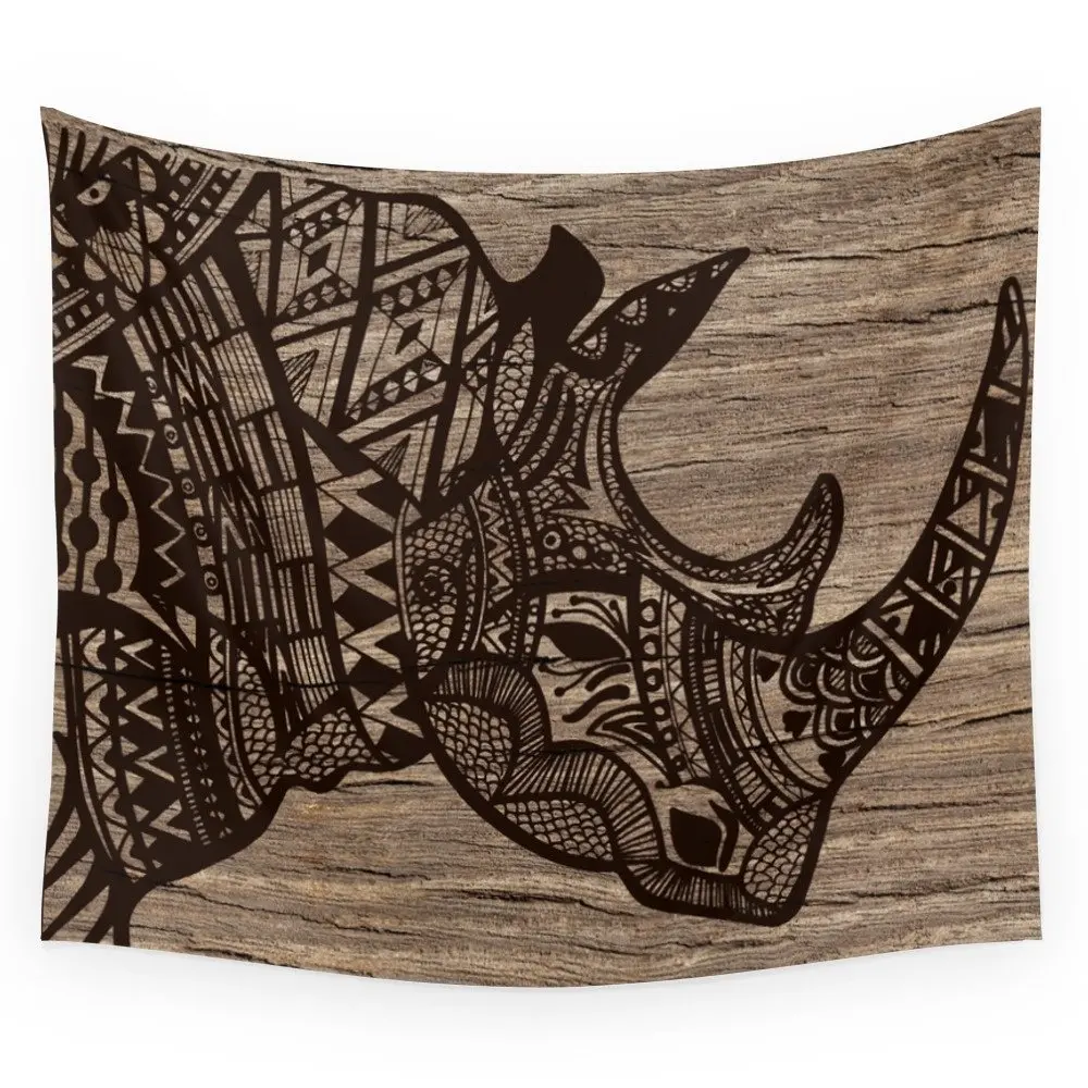 МАНДАЛА ГОБЕЛЕН дерево носорог черный напечатанный настенный гобелен украшение
