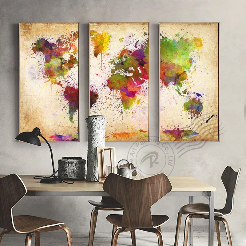 3 Панели холст настенная живопись абстрактная картина маслом карта мира