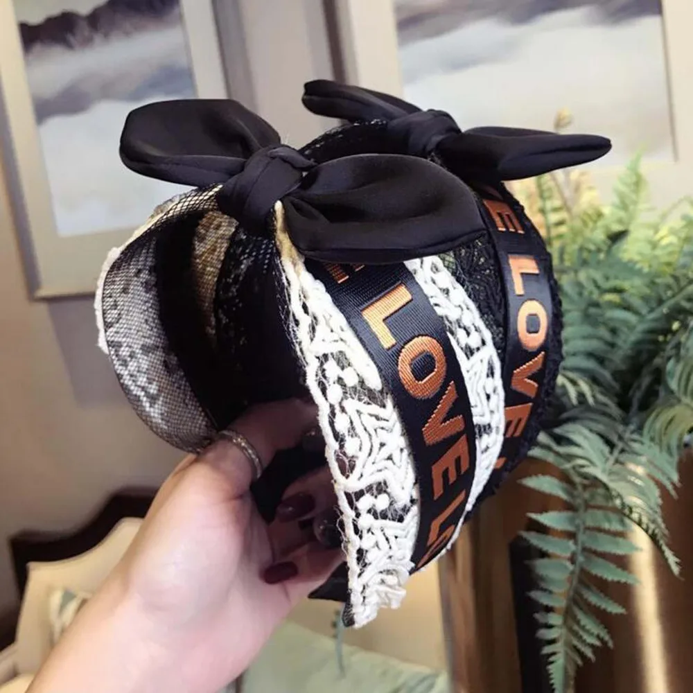 Fashion Big Bowknot Hairband Love Print Head Band Lace Hair Accessories Fresh Women Hoop Striped Bands Wholesale |