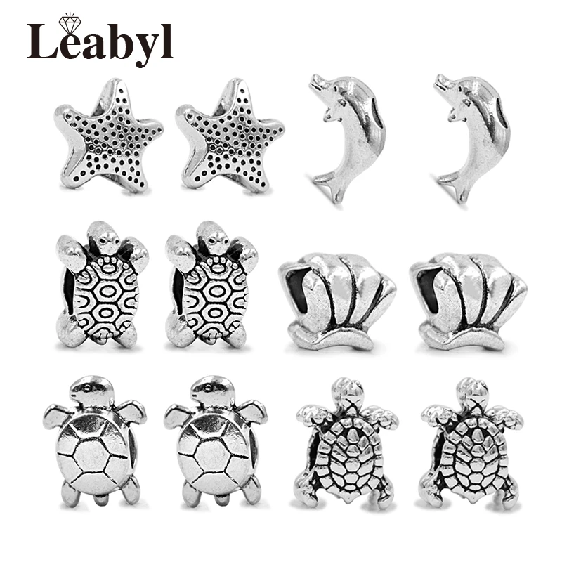 

12PCS/LOT HOT Antique Color Tortoise Starfish Dolphin Beads fit Bracelet Ocean Style Alloy Charm fit Bracelets & Bangles