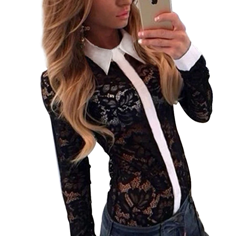 New Sexy Fashion Womens Lace stitching Loose Chiffon Shirt Button Tops Long Sleeve Casual Blouse Q1804 |
