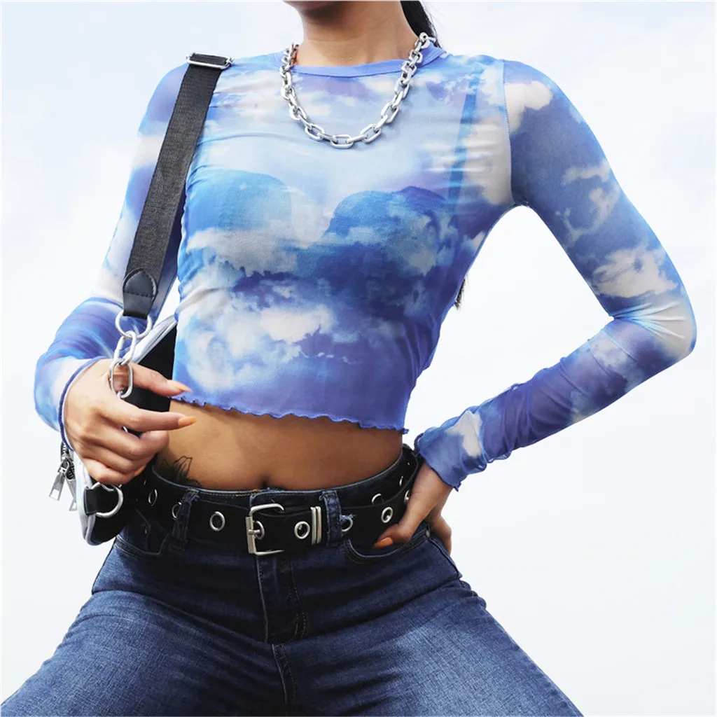 New arrival t shirt women Sexy O-Neck Long Sleeve Blue Sky Clouds Print Net Yarn Short Top tshirt super quality camiseta mujer | Женская