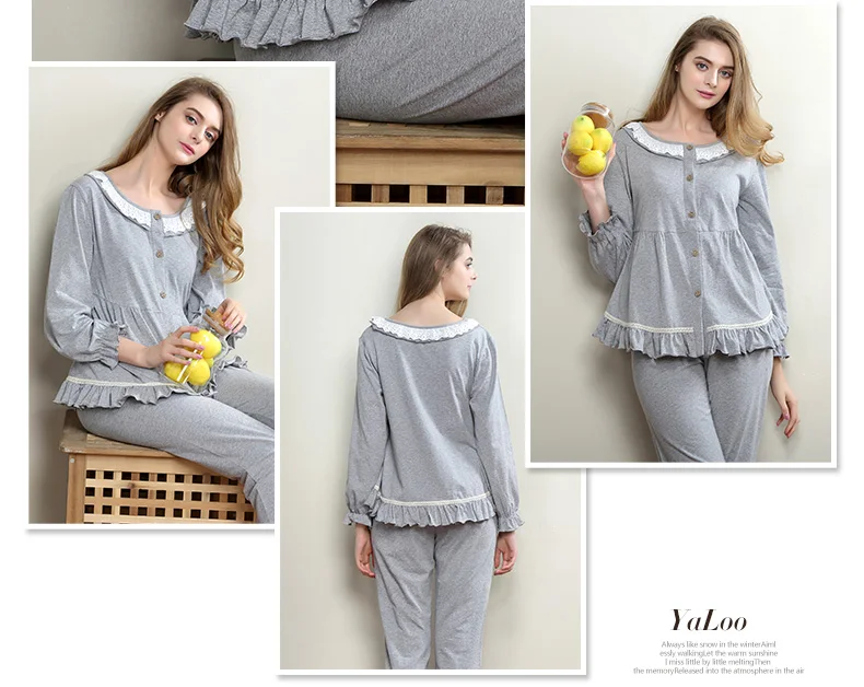 Lovely Pink Pajamas Suit Long Sleeved Cotton Women Set for Solid Sleeping Homewear Nightgown Home Clothes | Женская одежда