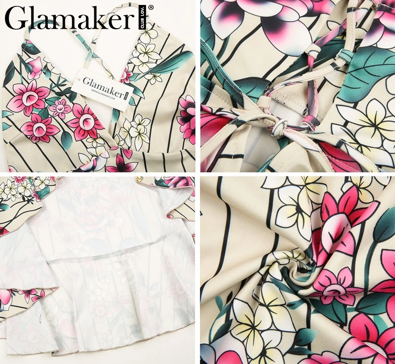 Glamaker, платье с цветочным принтом, женское летнее платье,, с разрезом, с рюшами, макси, Пляжное, бохо, с открытой спиной, сексуальное вечернее платье, vestidos robe