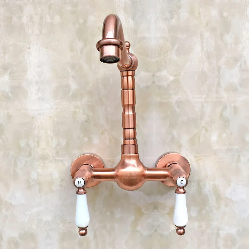 Античный красный медный латунный настенный смеситель с двойными керамическими