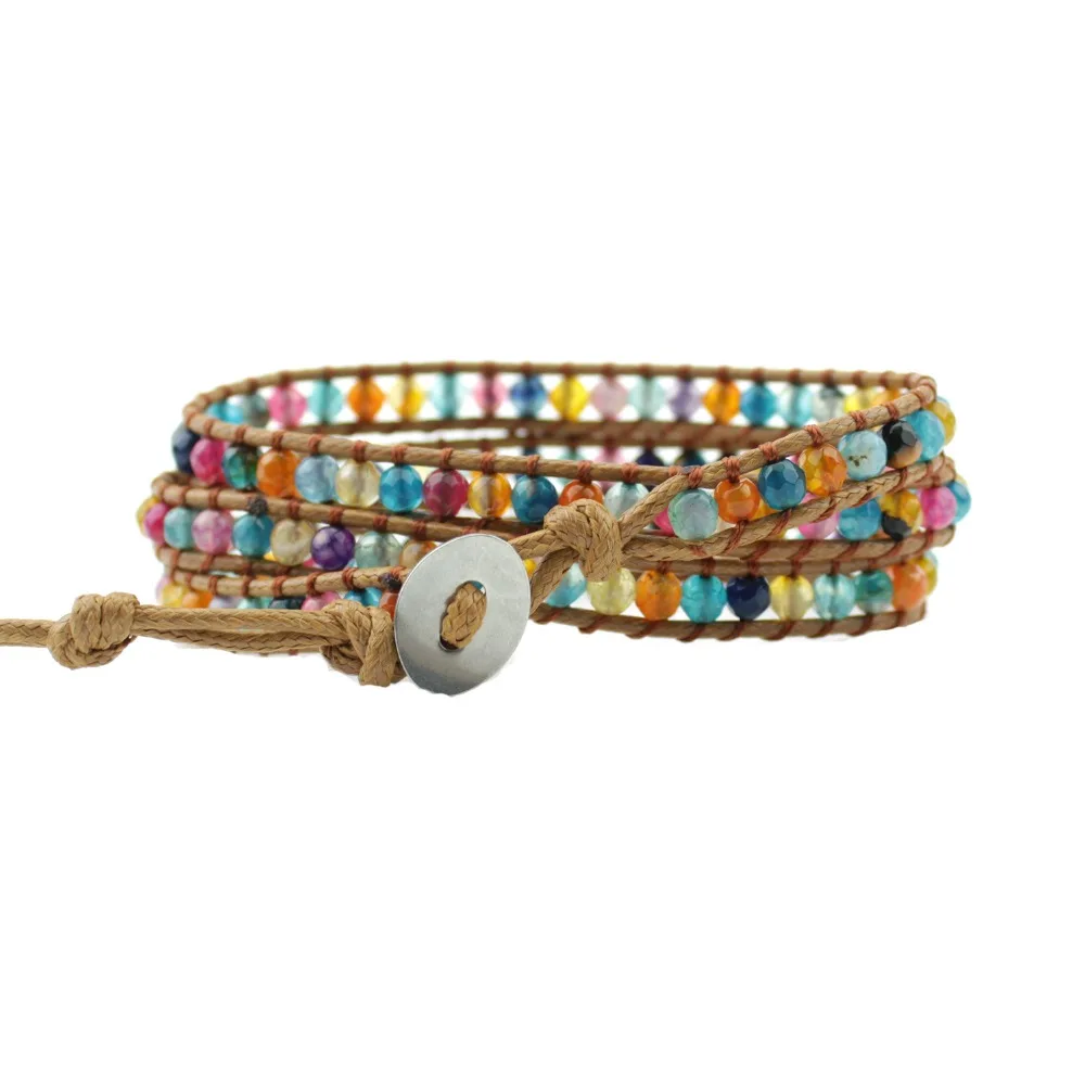 Женский браслет Boho из натурального камня 3X кожаный с обручкой цветной граненый