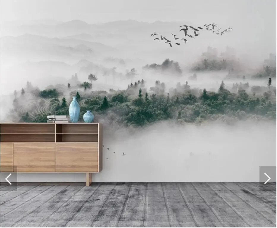 

Misty Forest Wallpaper Flying Birds Mural for Living Room 3d Wall Murals Photo Wallpaper Nature Foggy Pine Forests Wall Mural