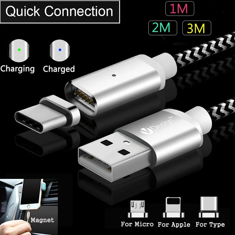 3/6/10 футов LED USB Type C/Micro USB/IOS Магнитный кабель C быстрый разъем Кабель адаптер для
