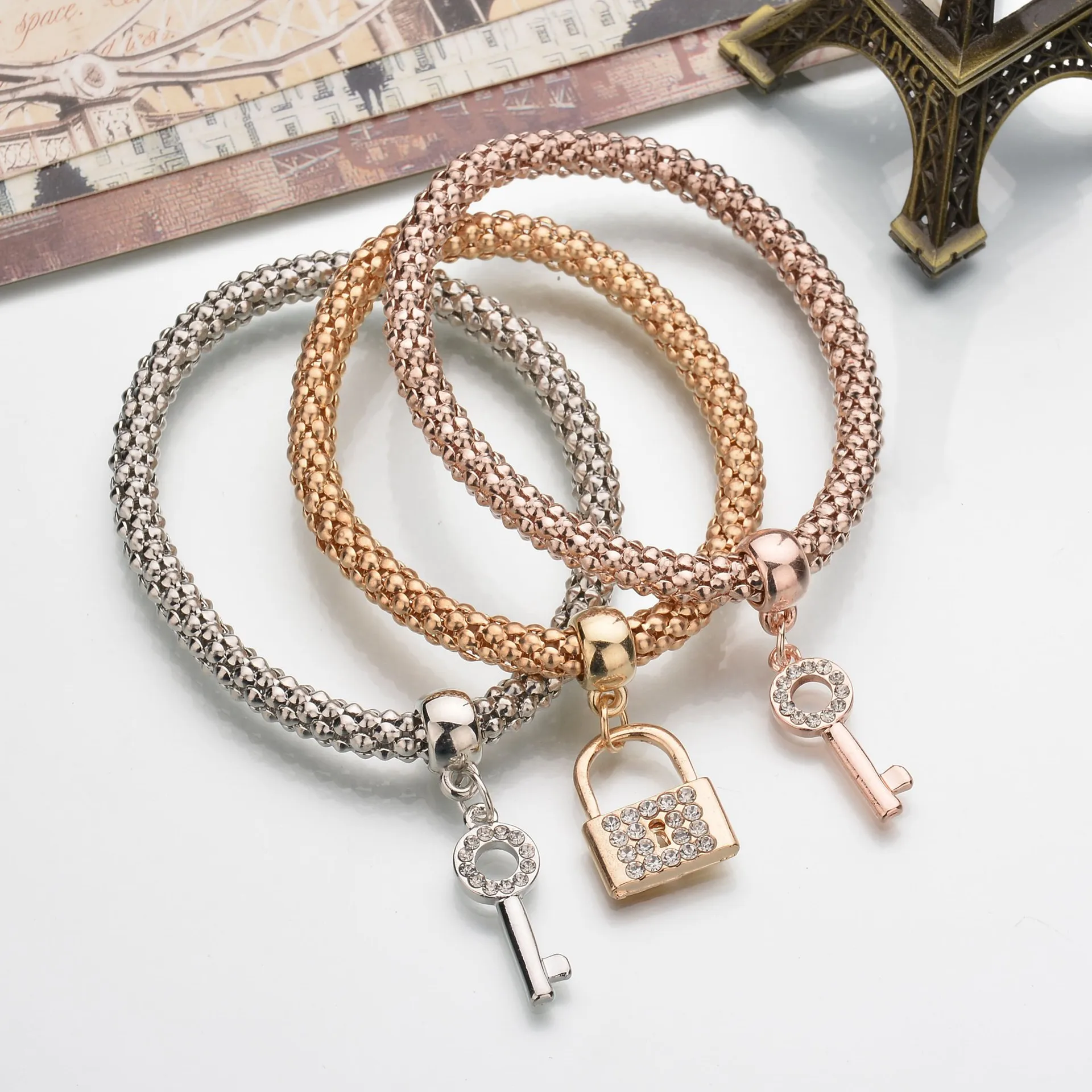 2019 NEW 3 Pcs/Set Gold/Silver Plated chain statement Bracelet crystal Key Clock pendant popcorn women | Украшения и аксессуары