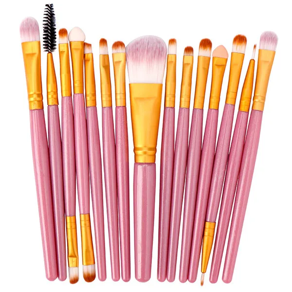 PinkGold 15 шт. кисти для макияжа Набор теней для век основа пудра подводка для глаз с ресницами, губами макияж Косметическая кисть, Бьюти - Handle Color: PinkGold
