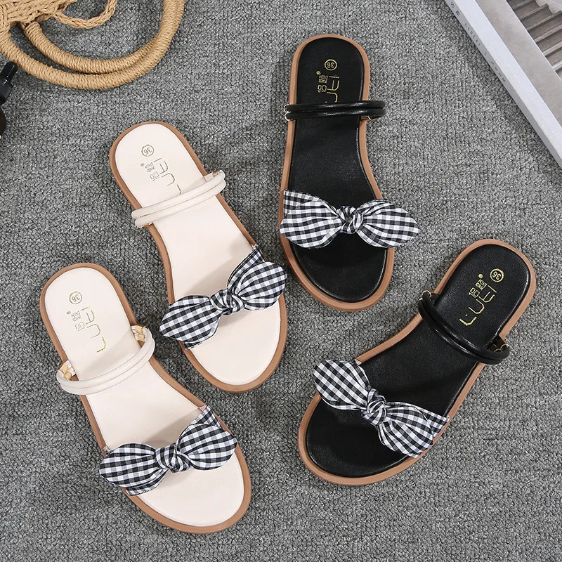 2-ways sandals summer women shoes plus size lattice cloth bowtie open toe slippers brief slingback ladies flats slides flipflops | Обувь