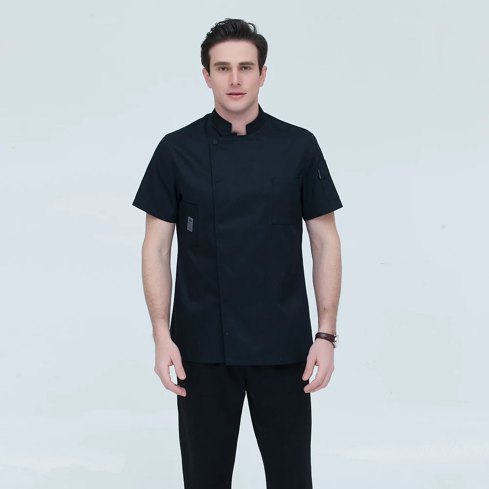 Черный 4 цвета, M-4XL,, женская и Мужская Рабочая одежда с коротким рукавом для кухни, высокое качество, куртка шеф-повара, Ресторан общественного питания, форма пекаря - Цвет: Черный
