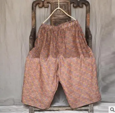 old orange Женские хлопковые льняные брюки с цветочным принтом, большие размеры, весна-лето, широкие штаны с эластичной резинкой на талии, свободные винтажные брюки YoYiKamomo - Цвет: old orange