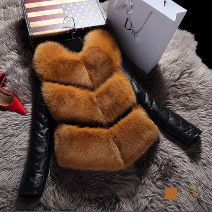 Removable Sleeves 2019 Imitation Fox Fur Patchwork Vest Coat Winter Women Wool Leather Sleeve Thick Faux Jacket D1074 | Женская одежда
