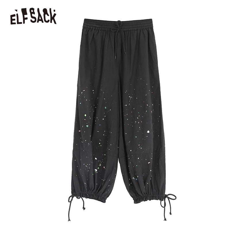 Женские уличные шаровары из хлопка ELF SACK черные с масляным принтом дамские брюки