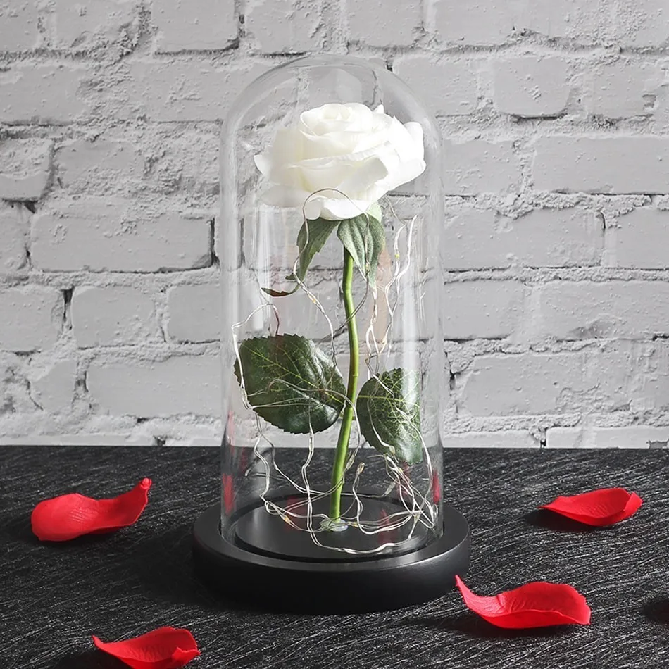 white black base Романтика вечная жизнь цветок стеклянная крышка красота и чудовище РОЗА светодиодная лампа; аккумулятор на день рождения День Святого Валентина подарок матери домашний декор - Цвет: white black base