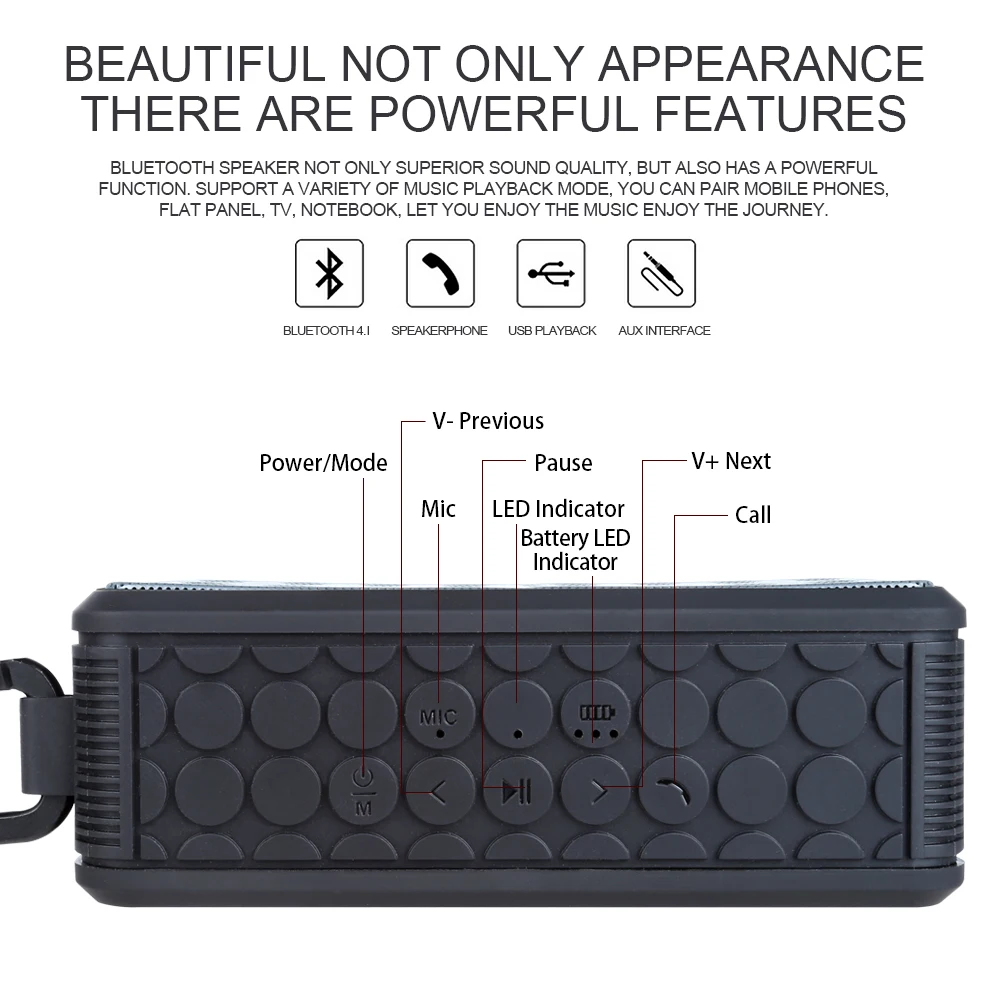 TOPROAD Portable Hifi Bluetooth Speaker Waterproof IPX6 Outdoor Speakers with Carabiner Support Handsfree radio fm TF for Phone |